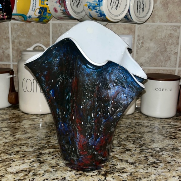 Vintage Hand Blown Glass Art Vase Ruffled Edge Space Universe Art - Picture 2 of 12